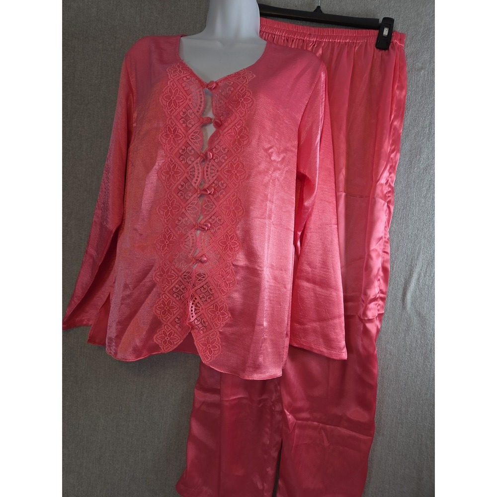Victoria Secret Vintage Gold Label M Pink Satin Lace Trim Lounge Pajama Set NEW